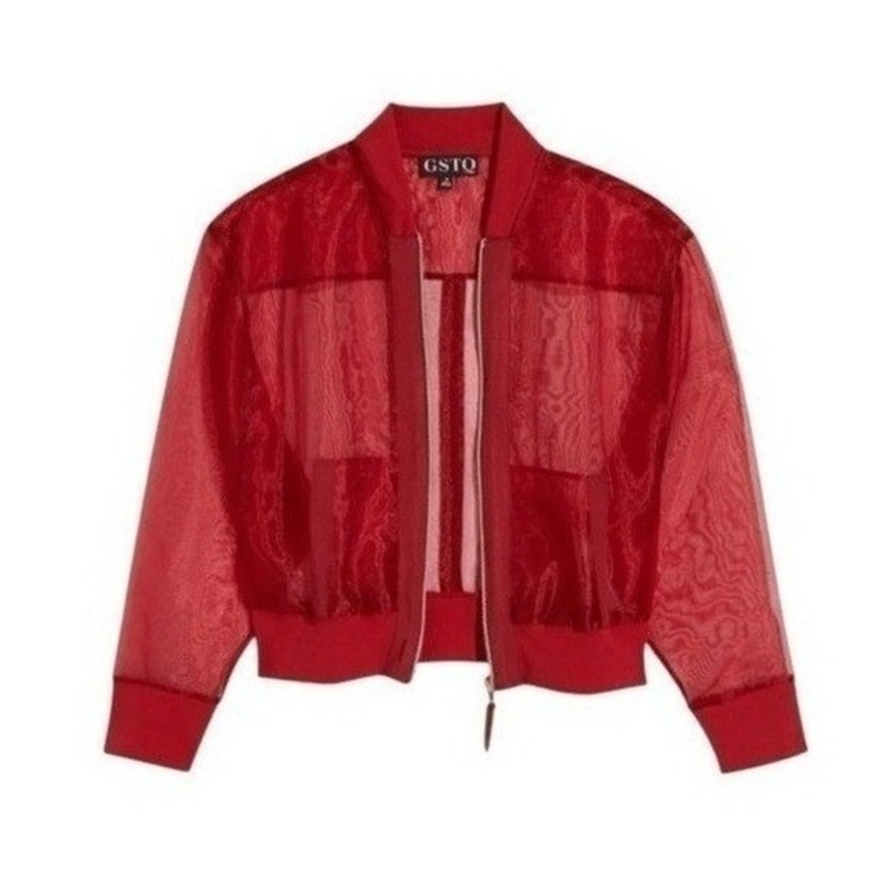 GSTQ Sheer Bomber Jacket In Port Red Mesh Organza‎ S